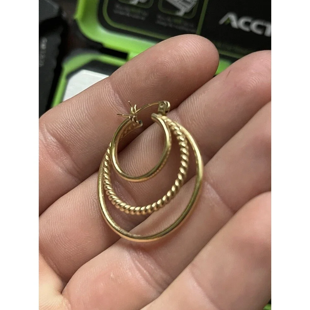 Vintage 14k Yellow Gold Triple Hoop Loop Earrings 3 Hoop Textured 4.3g Grams